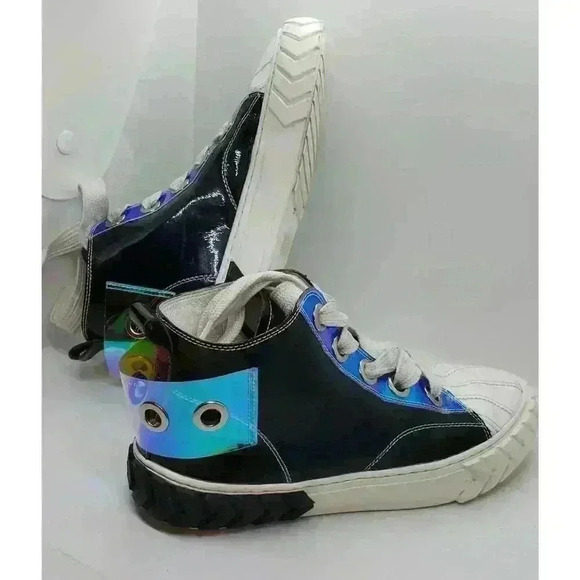 Black Leather Hi Top Sneakers Iridescent Eyelet & Heel D:fuse Scandinavia RARE - Picture 10 of 16
